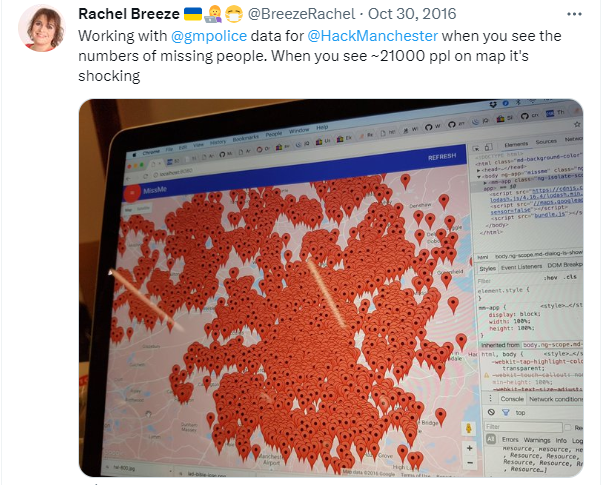 Tweet showing of map showing 21000 pins on a map of missing people