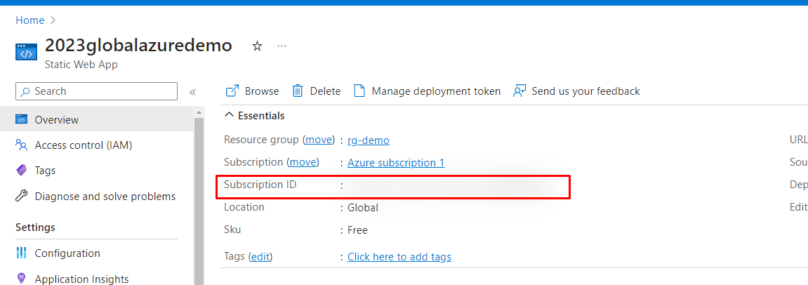 Subscription ID has been obscured in an Azure Static Web App