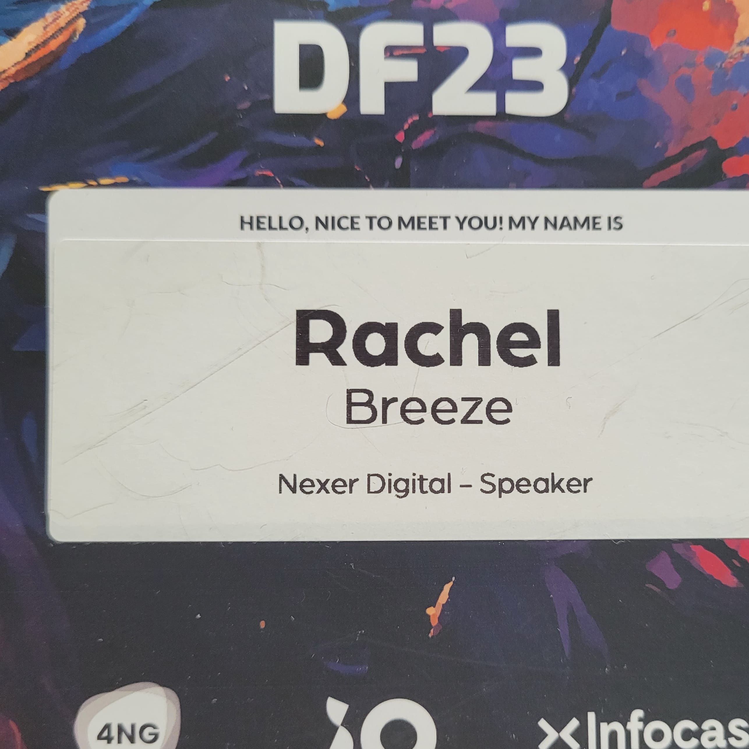 DF23 speaker pass, with my name and my company's name "Nexer Digital" on it