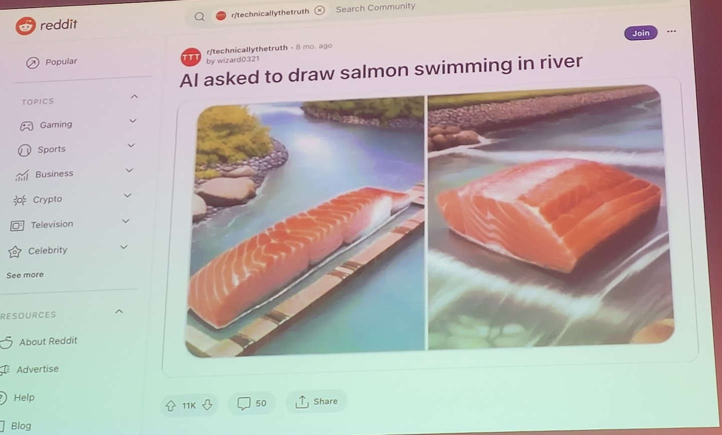Post from reddit, which says "AI asked to draw salmon swimming in river", pictured in post is a river with a piece of salmon steak on it